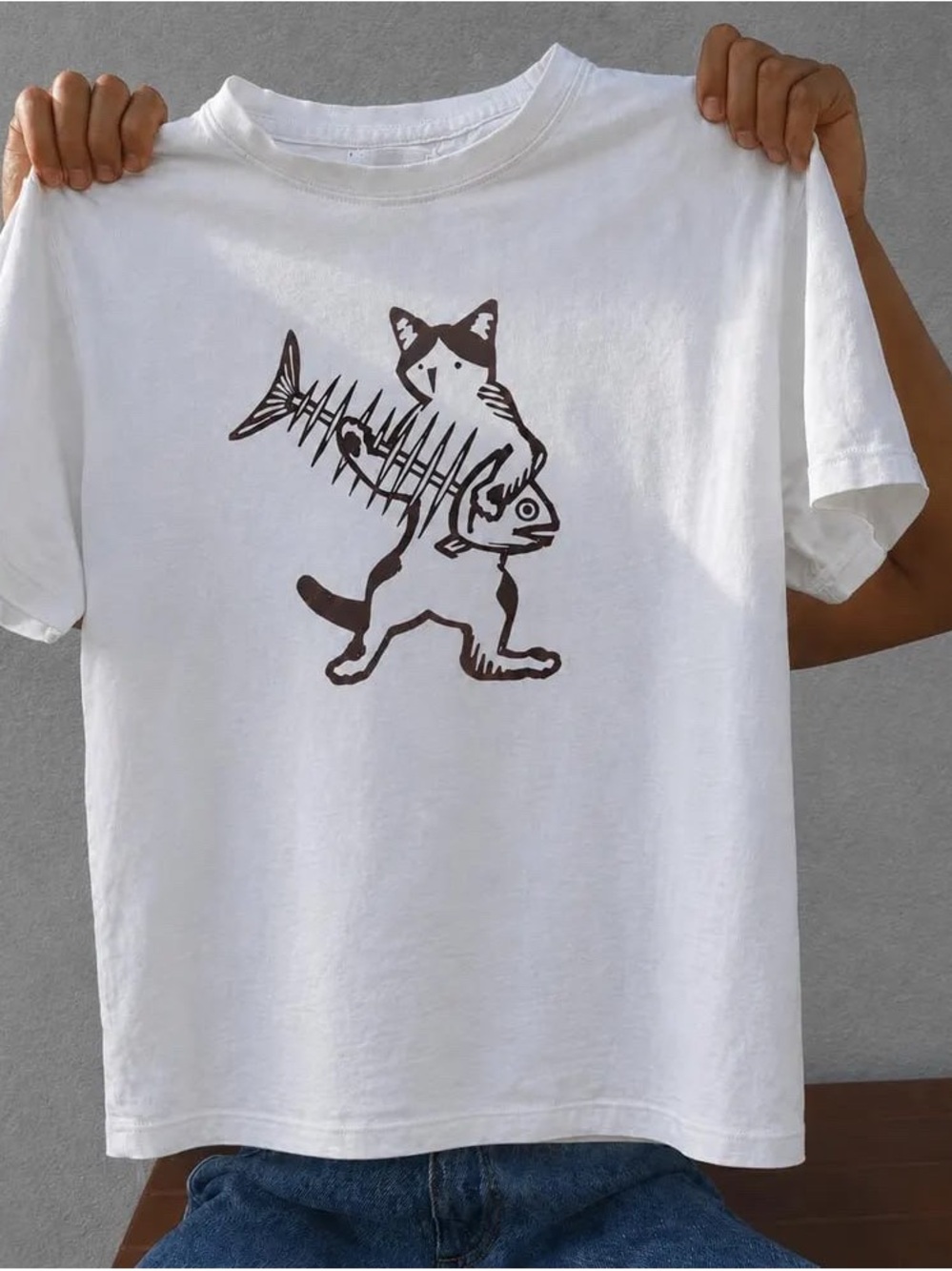 Gildan White Tee with Black Cat-and-Fishbone Graphic